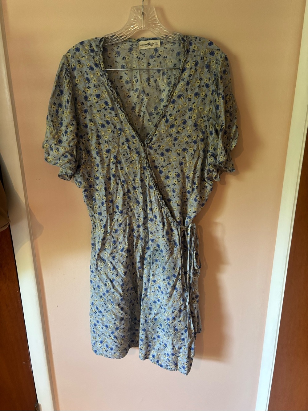 NATURAL LIFE Blue Yellow Floral Mini Wrap Dress XL